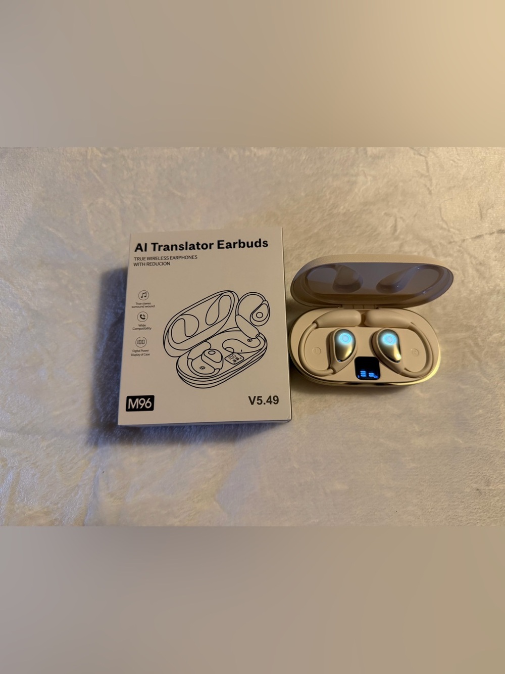 M96 AI Translator Earbuds and V5.49 - White Earbuds with Charging Case